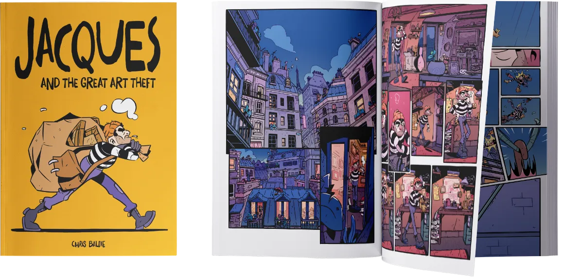 The front cover and 2 interior pages of the book "Jacques and the Great Art Theft"